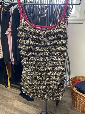 Foxy Jeans Leopard Ruffle Tank with Burgundy Trim